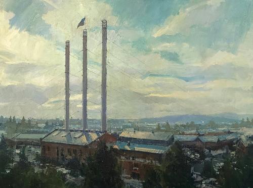 Old Mill Smoke Stacks by Donald%20Yatomi
