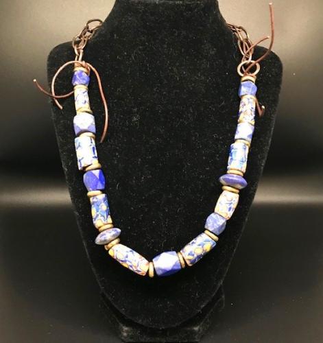 Millefiori Beads Mixed with Cut Lapis Necklace by Debe Dohrer